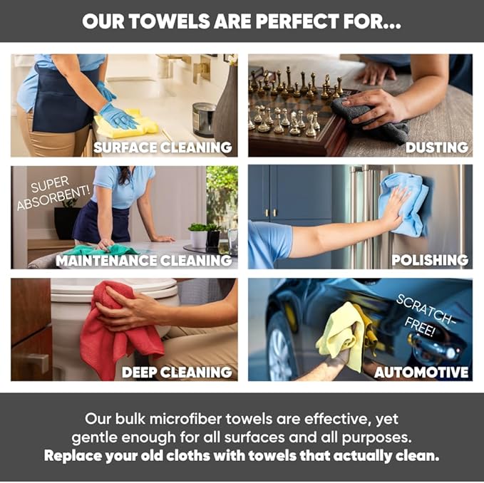 Microfiber Wholesale Bulk 16" x 16" All Purpose Towels Case Quantity (200 Count) | Large | No Fraying | High Density Microfiber | Zero Chemical Cleaner | Long-Lasting (White)