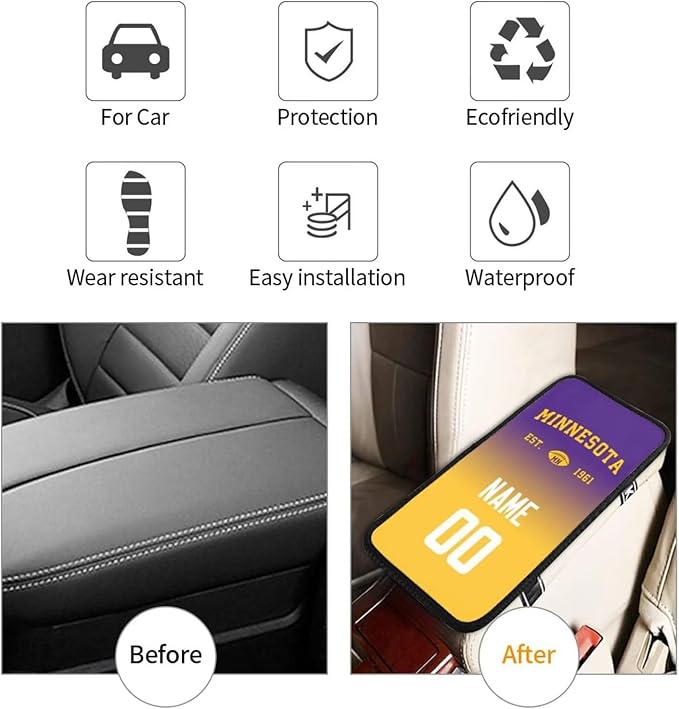 Custom Car Armrest Cover,Add Personalized Name and Number As Gifts for Loyal Football Fans,Auto Center Console Pad Car handrail Box Cushion,Fit for Most Car