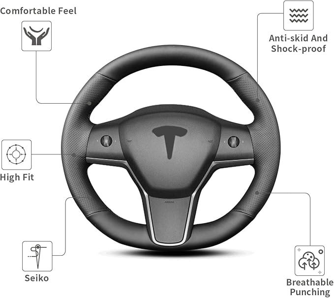 Yeolpise Hand Sewn Steering Wheel Cover,Fit for Tesla Model 3 2017-2023/Model Y 2020-2023,Non-Slip Breathable Microfiber Leather Steering Wheel Cover On Wrap Car Interior Accessories