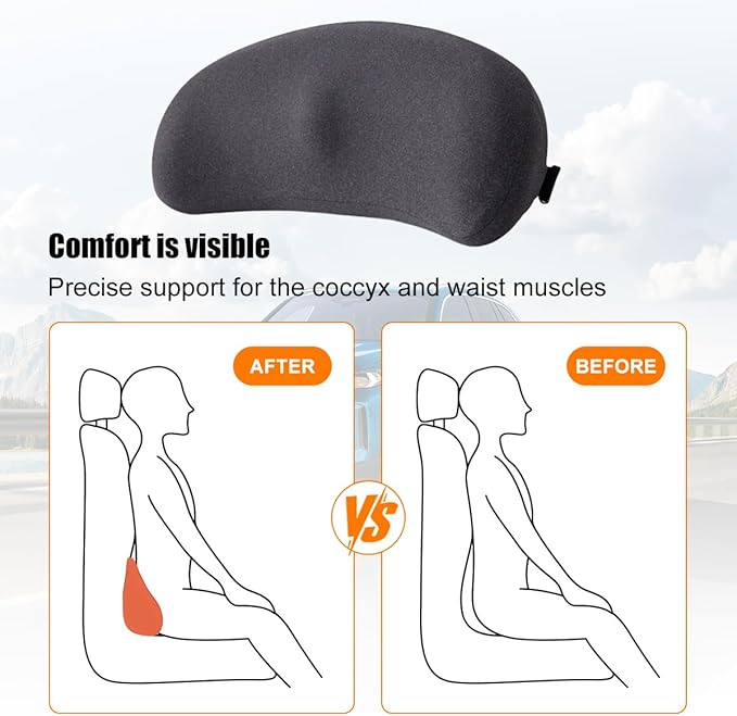 Car Lumbar Support Pillow, Memory Foam Comfortable Vehicle Seat Cushion for Driving, Sciatica Tailbone Pain Relief Driver Seat Pad, Universal Automotive Accessories (Dark Grey)