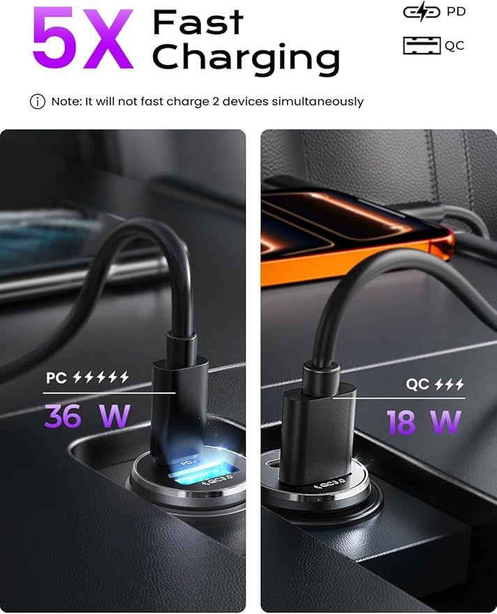 LISEN Car Charger USB C, 54W Cigarette Lighter USB Charger Adapter, Car Accessories for Men, Mini USBC Cars Fast Charging Adapter USBC Type C 12V Plug Outlet, for iPhone 17 Pro Max 16 15 14 13 12 Plus