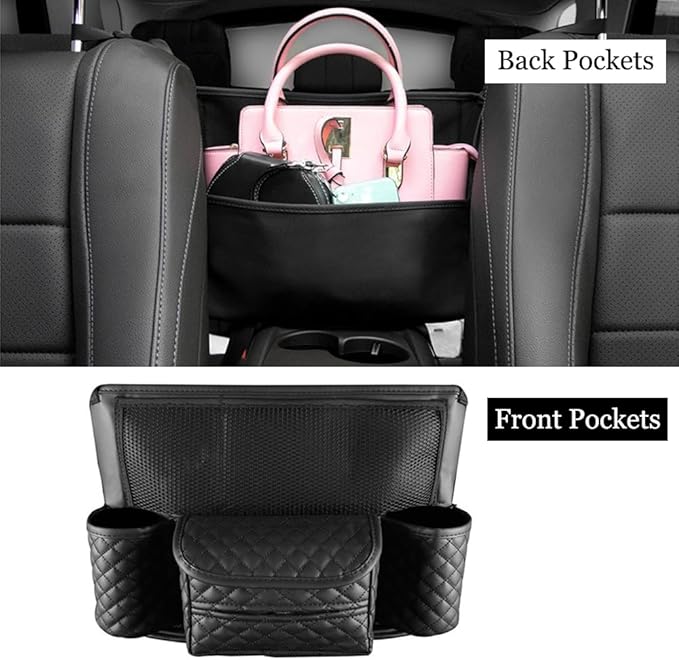 Car Handbag Holder Between Seats Car Organizer, Leather Large Capacity Car Purse Holder for Front Seat, Seat Back Net Bag Double-sided Tissue Storage Handbag Holder Car Accessories (Beige)