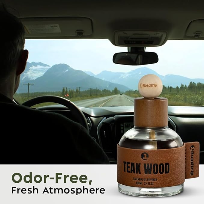 1Roadtrip Car Air Freshener - Long Lasting Essential Oil Diffuser - Aromatherapy Accessories for Men & Women - Non-Toxic Odor Eliminator - Teakwood Car Scent Diffuser 3.38 FL OZ/100ML