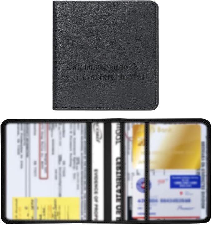 Car Registration and Insurance Holder, Vehicle Glove Box Organizer with Magnetic Closure, PU Leather Embossed Auto Card Document Holder Accessories, Universal for SUV, Truck, RV（Black）