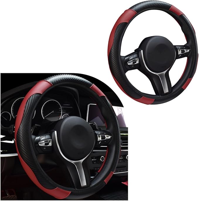 Car Steering Wheel Cover, 15 Inch Leather Breathable Auto Steering Wheel Protector, Comfortable Non-Slip Vehicle Steering Wheel Covers, Universal Interior Car Accessories (Wine Red)