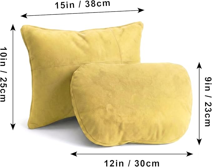 2PCS Car Pillow for Car Neck Pillow for Driving Seat Leather Neck Support Soft Cushion Back Support Head-Rests for Vehicle Sleeping with Elastic Adjustment Strap (Golden, Head and Lumbar)