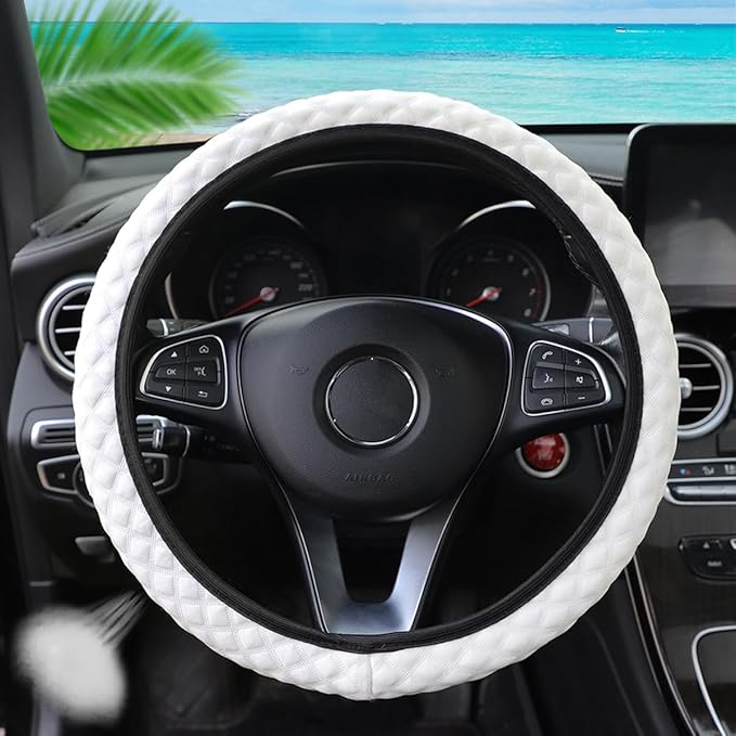 zipelo Elastic Stretch Steering Wheel Cover, Microfiber Breathable Ice Silk, Universal 15 Inch Anti-Slip Car Steering Wheel Protector, Warm in Winter and Cool in Summer, for Men and Women (White)