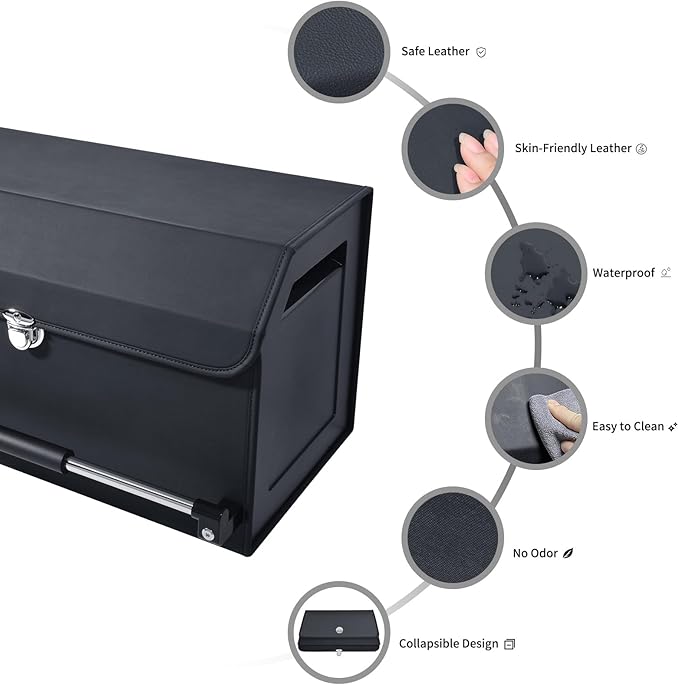 XCF Car Trunk Organizer, Push-pull Handle, Leather Collapsible 2 Compartments Car Organizers with Lid, Car Trunk Storage Organizer, Suitable for All Kinds of Cars, SUV, Minivan (Large, Black)