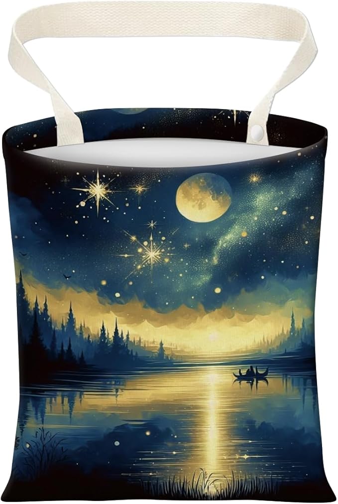 AXZOPDE Cute Car Trash Can, Hanging Canvas Car Back Seat Organizer and Storage Bag, Funny Car Trash Bag for Travelling, Outdoor Night Lake Reflection Pattern