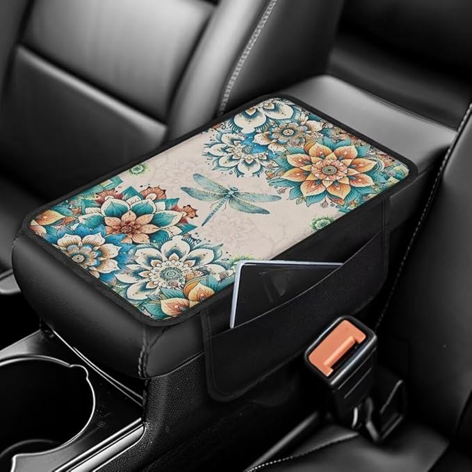 Boatee Flower Dragonfly Car Center Console Cover Auto Arm Rest Mat for Car Armrest Organizer for Car Console Cushion Comfortable Console Cover Universal Armrest Box Pad Interior Decor White