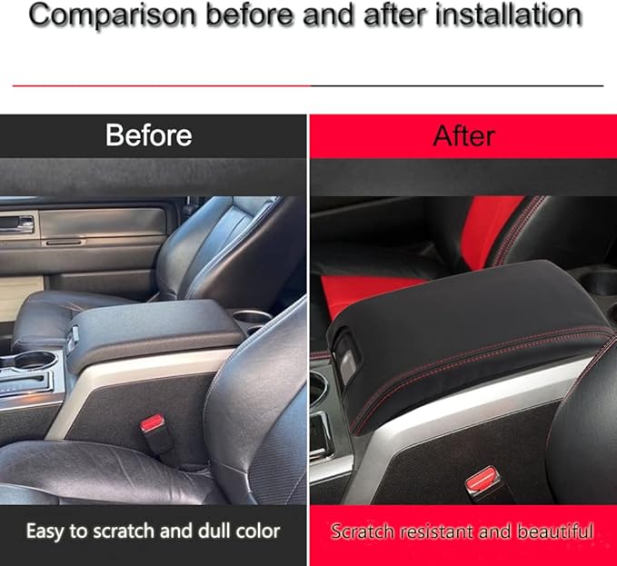 XITER 1PC Leather Center Console Armrest Box Cover Waterproof Cushion Pad for F150 2009-2014 Not Fit Jump Seat Console(Red Stitches)