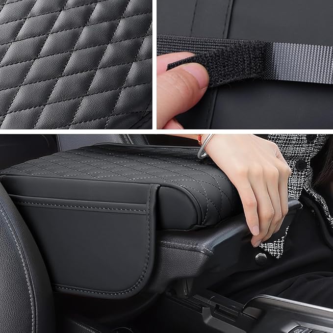 Car Center Console Armrest Cover, Leather Car Center Console Cover Cushion with 2 Storage Bags, Universal Center Console Pad Thickened Memory Foam Car Armrest Lids Storage Box (Black)