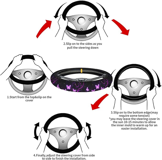 Swono Butterfly Purple Steering Wheel Cover for Men Women Abstract Purple Butterfly and Flower On The Black Universal 15 Inch Auto Neoprene Case Anti-Slip Car Wheel Protector