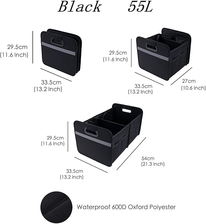 Trunk Organizer for car, Foldable Cargo storage, Black 55L, for SUV Car Truck, 600D Waterproof Oxford Polyester, 2 Compartments With Handle, Car seat storage box
