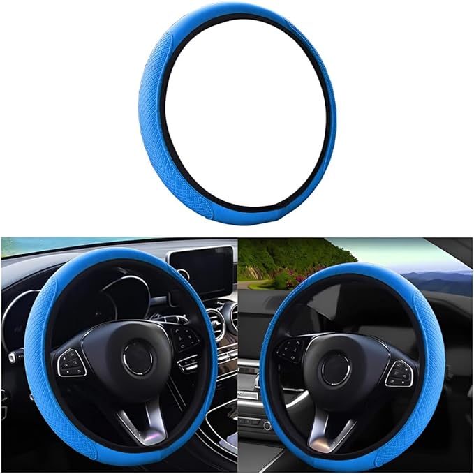 Leather Car Steering Wheel Cover, Elastic, Breathable Anti-Slip, Universal 15 inch, Steering Wheel Cover for Men Women (Blue)
