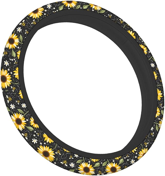 Swono Sunflower Steering Wheel Cover Cartoon Sunflower and Bee On The Black Anti-Slip Car Wheel Wrap Compatible with Most Auto Cars Trucks with 15 Inch Steering Wheels