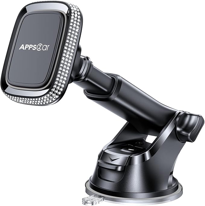 APPS2Car Magnetic Phone Holder for Car, Bling Dashboard/Windshield Sturdy Suction Cup Phone Holder, Crystal Magnetic Phone Mount[6 Strong Magnets & Adjustable Telescopic Arm] for All Smartphones