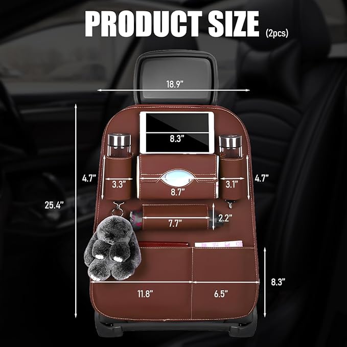 2PCS Car Seatback Organizer, Waterproof Leather Seat Back Storage with Cup Holder Tissue Holder Multiple Pockets, Back Seat Protector Kick Mats for Kids, Travel Accessories (Coffee)