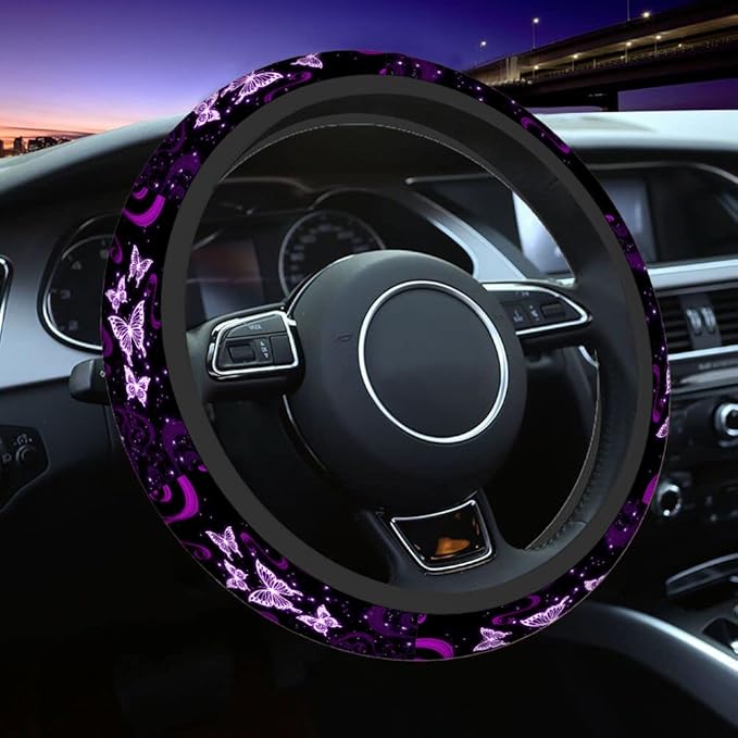 Swono Butterfly Purple Steering Wheel Cover for Men Women Abstract Purple Butterfly and Flower On The Black Universal 15 Inch Auto Neoprene Case Anti-Slip Car Wheel Protector