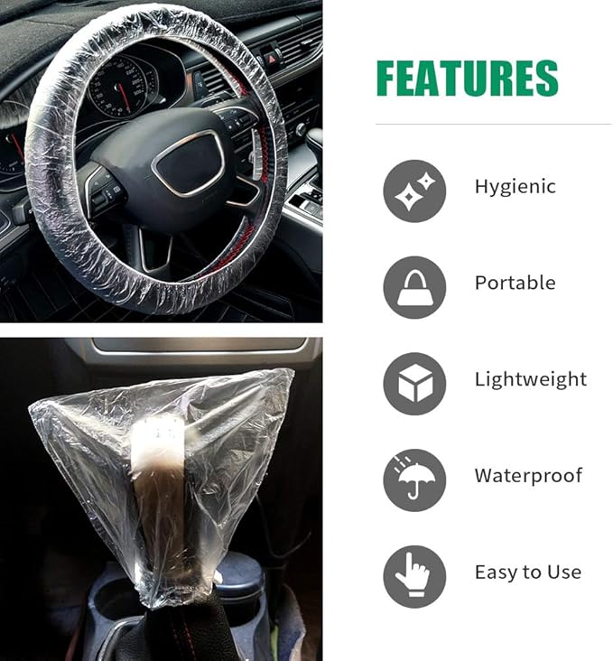 300Pcs Clear Disposable Car Protective Covers Include 100Pcs Disposable Steering Wheel Covers 100Pcs Disposable Gear Shift Cover 100Pcs Disposable Handbrake Cover for Auto Car Accessories