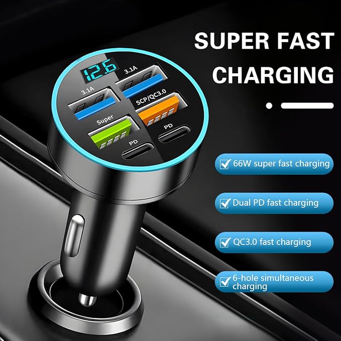 6 Ports 66W Car Charger, 12-24V Super Fast Charging with USB 3.1A PD&QC 3.0 with LED Voltmeter for Cigarette Lighter Plug, Compatible with All Smartphone, Universal Auto Accessories