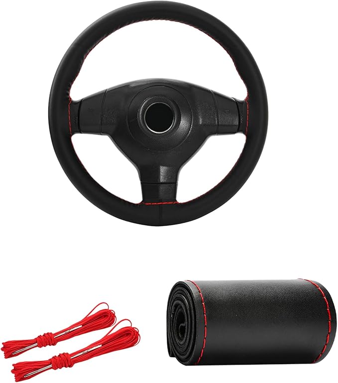 Kewucn Genuine Leather Steering Wheel Cover, 15" Universal Car Steering Wheel Protector with Needle Thread, Breathable Anti-Slip Steering Wheel Cover DIY Stitch on Wrap (Black & Red, Glossy)