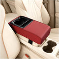 Car Center Console Armrest Pillow, Leather Vehicle Middle Console Protection Cushion with Cup & Phone Holder, Waterproof Automotive Arm Rest Box Cover Accessories, Universal Fit (Wine Red)