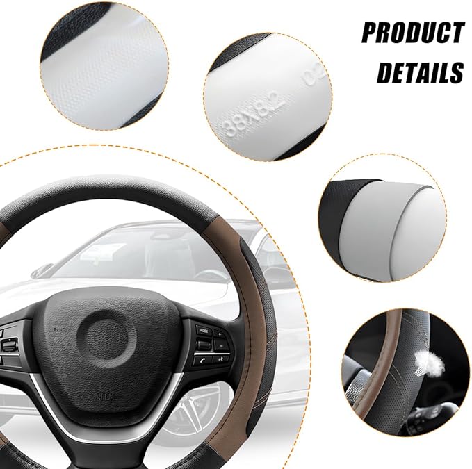 Car Steering Wheel Cover, 15 Inch Carbon Fiber Leather Non-Slip Steering Wheel Protector with Lining, Breathable Automotive Interior Accessories, Universal for SUV RV Truck (Brown)