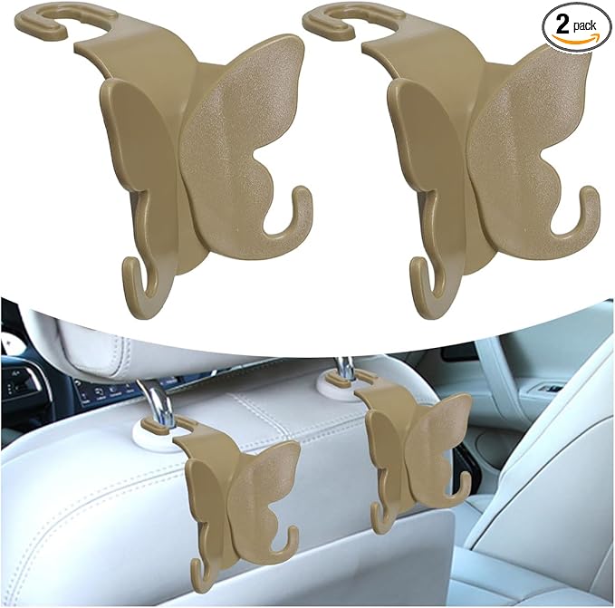 2PCS Cute Butterfly Car Seat Headrest Hook, Multifunctional Auto Interior Bag Organizer Holder, Car Back Seat Hanging Storage Double Hooks for Purse, Bag, Coat, Umbrella(Brown)