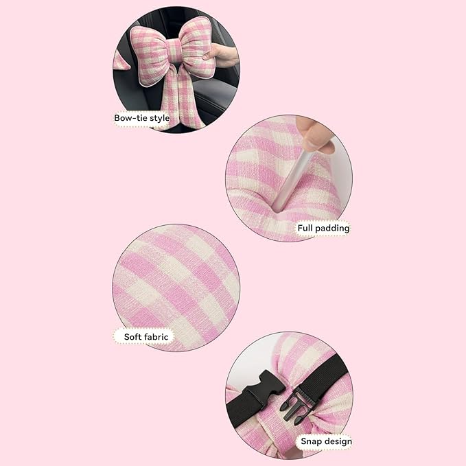 Car Accessories Plaid Bow Headrest Lumbar Pillow 4PCs Set Cotton Linen Elegant Soft Car Seat Cushions for Daily Commuting Trave (Pink Plaid,headrest+Lumbar Pillow 2pcs)