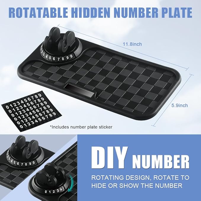 NHHEO Car Anti Slip Mat Dashboard Tray Decorations Sticky Pad Multi Functional Ultra Thick with 360° Rotating Universal Phone Pad Holder+Number Plate, Washable Checkerboard Design(Black&Gray)