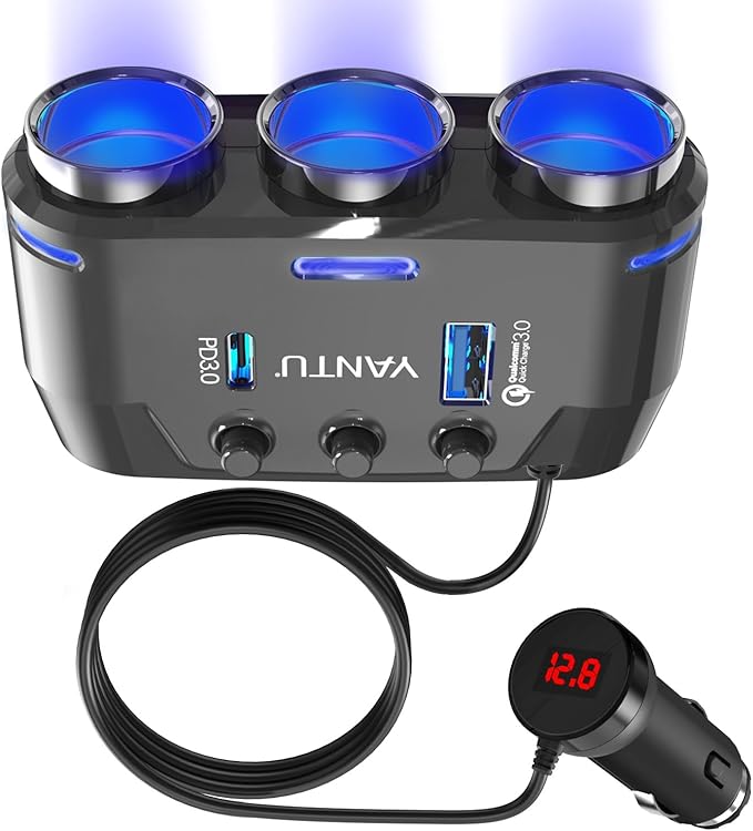 YANTU QC3.0&PD Cigarette Lighter Adapter, 3-Socket 140W Car Cigarette Lighter Splitter with 12v USB Outlet,Car Charger Adapter with Double/Dual/USB C Charger Multi Port/Plug Outlet for Car Devices