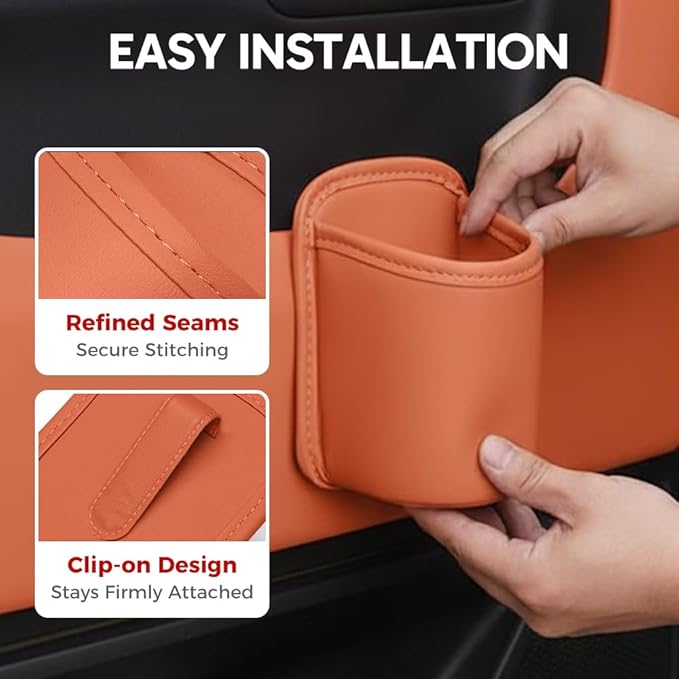 Universal Leather Car Door Cup Holder Trash Can, Leakproof Car Trash Bin,Multifunctional Back Seat Car Organizer for Hold Phones, Snacks, Drinks (Orange)