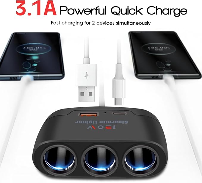 5 in 1 Cigarette Lighter Splitter, 3 Socket Car Charger Adapter + Type-C PD15W Charging + USB Charging Ports, Plug Outlet for All Car 12V/24V Devices