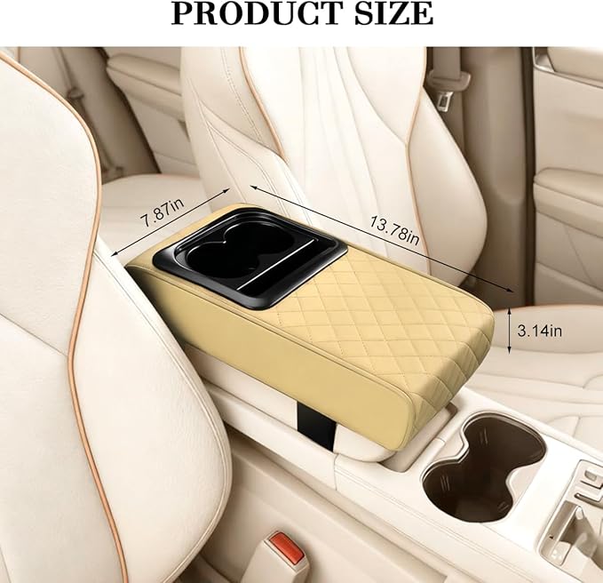 Car Center Console Armrest Pillow, Leather Vehicle Middle Console Protection Cushion with Cup & Phone Holder, Waterproof Automotive Arm Rest Box Cover, Universal Fit (Beige Rhombus)