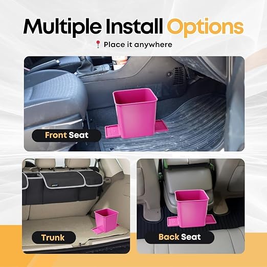 HAUSSIMPLE Car Trash Can 2L with Stability Wings & Velcro for Extra Stability – Magic Strip & Clip for Fabric & Rubber Mats – Durable Plastic, Easy Pull Trash Bags Included – Pink