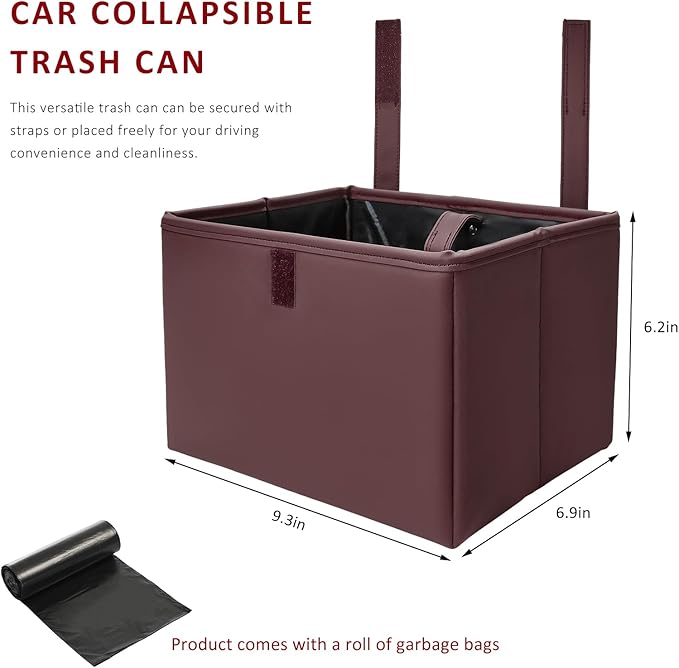 Car Trash Bin, Foldable Leather Auto Rubbish Can with Reinforced Bottom & Trash Bags, Waterproof Hanging Garbage Can Backseat Storage Box for Most Vehicles, Car Accessories (Brown)