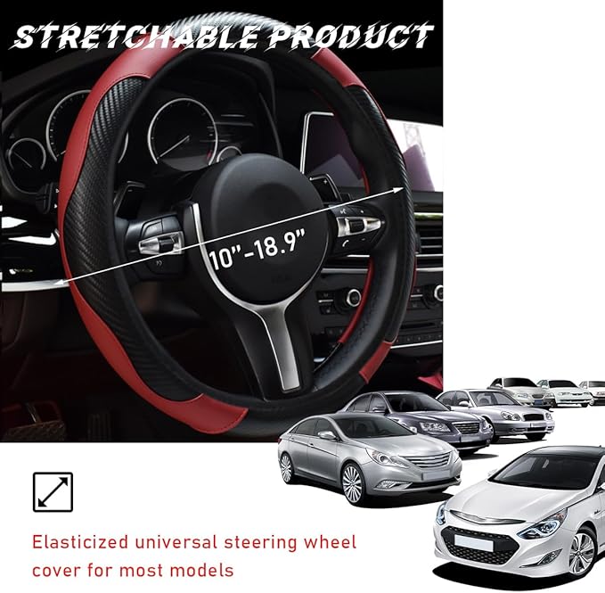 Car Steering Wheel Cover, 15 Inch Leather Breathable Auto Steering Wheel Protector, Comfortable Non-Slip Vehicle Steering Wheel Covers, Universal Interior Car Accessories (Wine Red)
