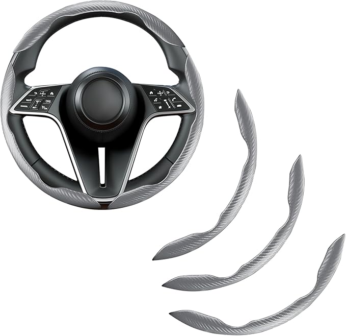 LevChall Carbon Fiber Steering Wheel Cover, 3-Piece Set Anti-Skid Comfortable Grip Segmented Butterfly Design, Easy Snap-On Installation Universal Fit 99% Cars, Gray