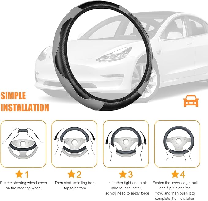Carbon Fiber Car Steering Wheel Cover, 14.5-15 Inch Elastic Stretch Steering Wheel Guard, Sports Style Non-Slip Automotive Interior Accessories, Universal for Vehicles (Black/Gray)