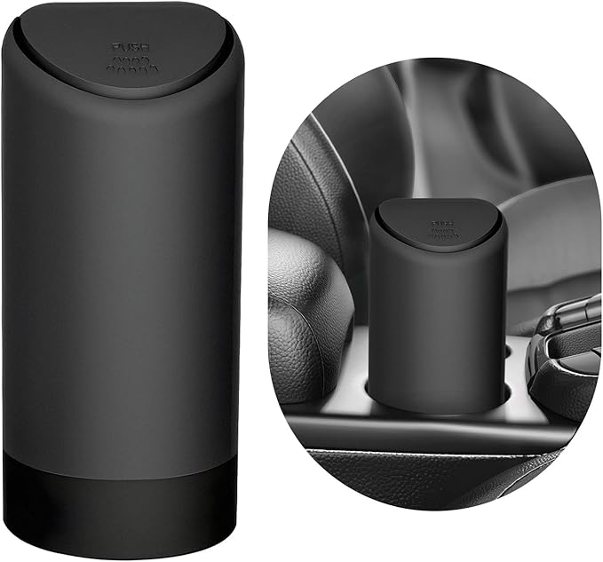 Mni Car Trash Can with Lid, Portable Silicone Auto Garbage Container for Cup Holder, Multipurpose Trash Bin for Car Home Office, Waterproof Leakproof Small Vehicle Trash Can (Black)