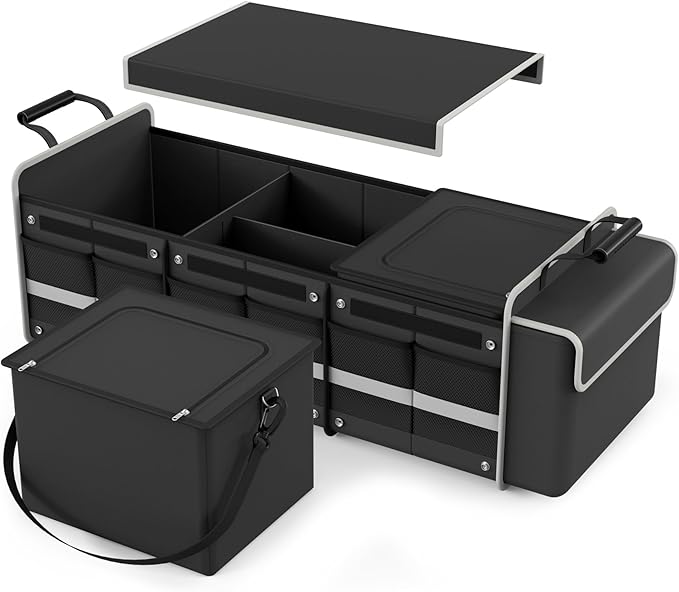 Large Trunk Organizer for SUV with Premium Portable Cooler Bag, Car Organizers and Storage with Foldable Cover, Collapsible Car Trunk Bed Organizer for Truck, 2 Retractable Straps, 90L+20L, Black-C