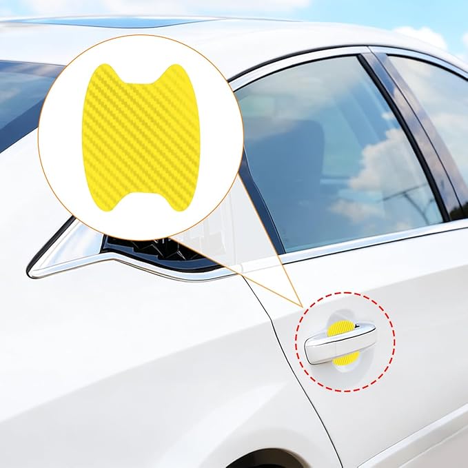 Car Door Handle Cup Scratch Protector, 4PCS 3D Carbon Fiber Vehicle Handle Bowl Sticker, Automotive Exterior Door Cup Protection Decal, Universal for SUV Caravan Automobile (Yellow)