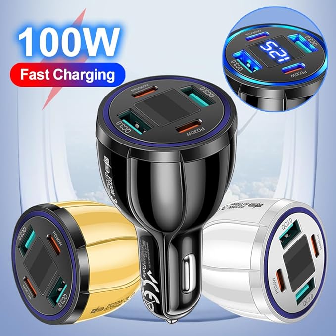 USB C Car Phone Charger Adapter with Voltmeter Compatible with iPhone 16 15 14 13 12 11, Android, Samsung, 100W 4 in 1 Multi-Port Fast Charging Cigarette Lighter USB Charger (Black)