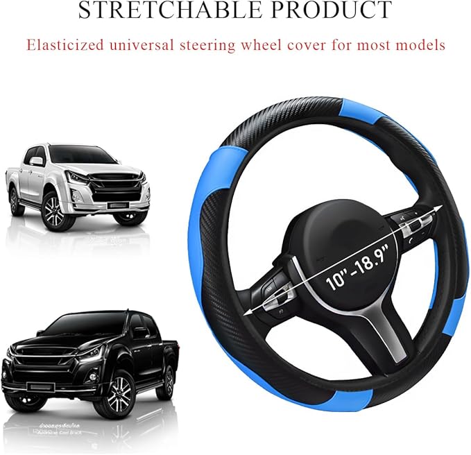 Elastic Steering Wheel Cover - Microfiber Leather Carbon Fiber Protector with Anti-Slip Lining - Black+Blue