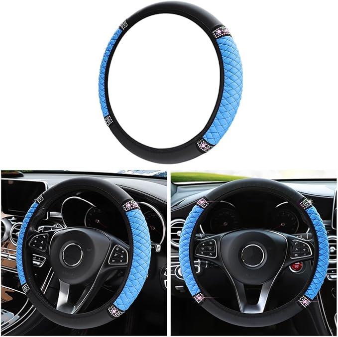 Bling Soft Leather Steering Wheel Cover, 15 Inch Colorful Rhinestones Auto Elastic Steering Wheel Protector, Sparkly Crystal Diamond for Women Girls, Car Accessories for Most Cars (Blue)