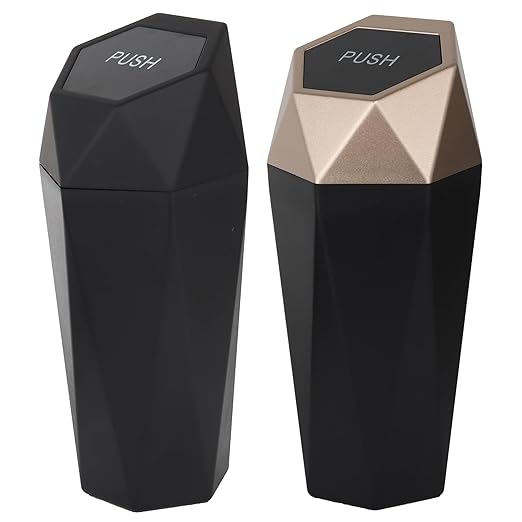 LoyaGour Car Trash Can Bin,Small Garbage Can with Lid,Automotive Cup Holder Mini Cars Trashcan,Portable Car Door Trash Cans,Vehicle Essentials Gadgets Dustbin (2Pcs, Black and Glod)