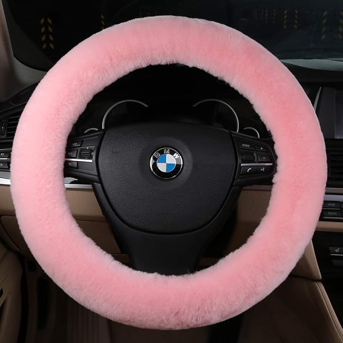 OGLAND Natural Fur Wool Sheepskin car Steering Wheel Cover,Protector for Universal Steering Wheel 15 Inchs, Anti-Slip,Comforting and Luxurious, Soft Texture, Gift for Women (Korean Pink)