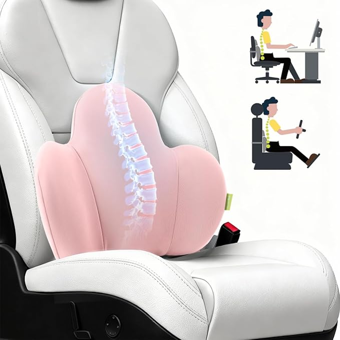 Lumbar Support Pillow for Office Chair, Car Back Support with Memory Foam, Support for Lower Back Pain Relief Lumbar Pillows, Ergonomic Back Cushion for Desk Chair, Sofa, Bed, Car Seat (Pink)
