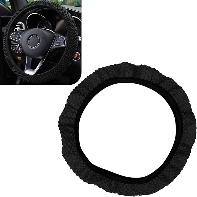 Pack-1 Car Steering Wheel Cover, Ice Silk 3D Massage Mesh Breathable Without Inner Ring Steering Wheel Cover, Elastic Easy Grip Anti-Slip Protector for 14.5"-15", Universal for Cars (Black)